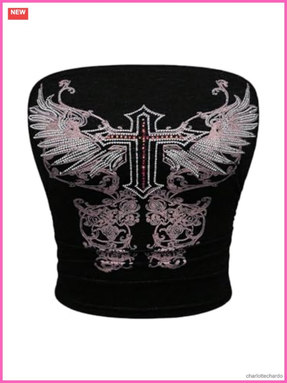 WDIRARA Women's Rhinestone Graphic Strapless Crop Tube Top Y2K Slim Fit